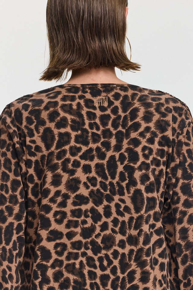 חולצת וי כיווצים ארוכה מנומר חום