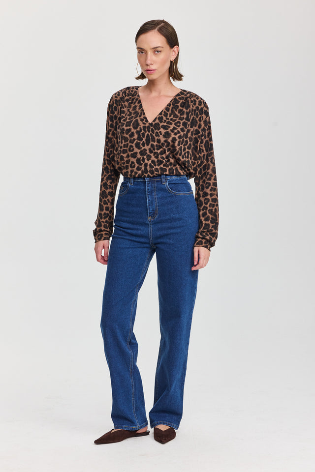 חולצת וי כיווצים ארוכה מנומר חום