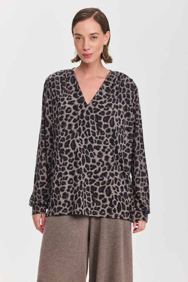 חולצת וי כיווצים ארוכה מנומר חאקי