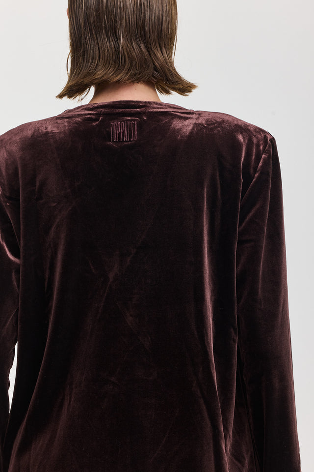 חולצת פנקייק קטיפה כריות נשלפות מפתח וי ארוכה חום שוקולד