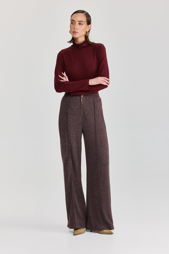 מכנסיים מחוייטים סריג וויסקי רוכסן גומי חום טראפל