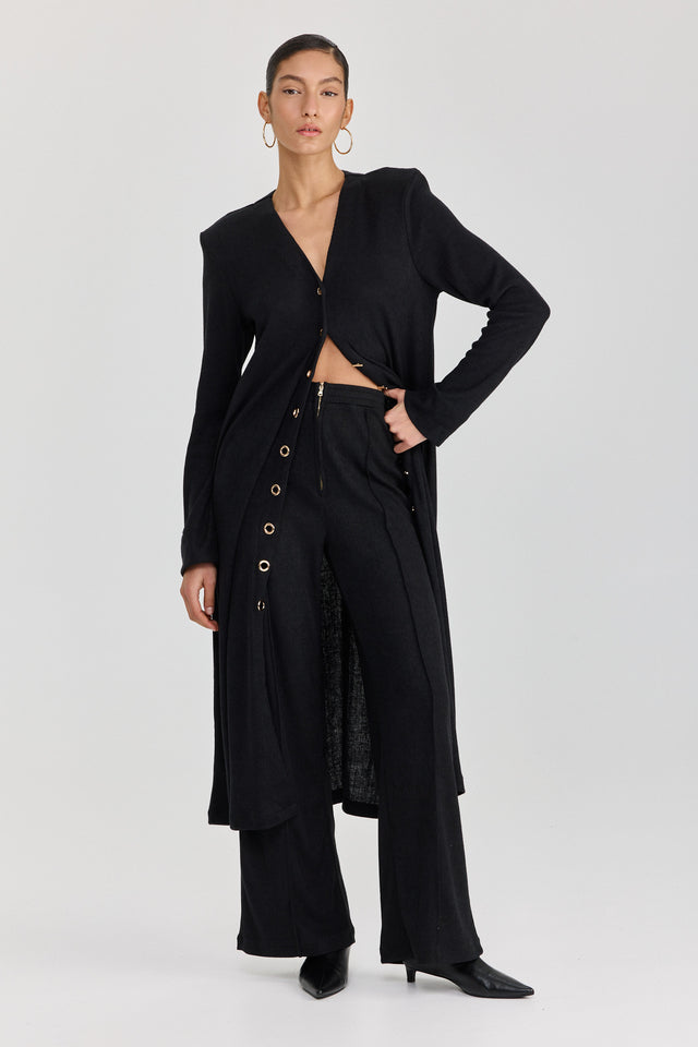 מכנסיים מחוייטים סריג וויסקי רוכסן גומי שחורים