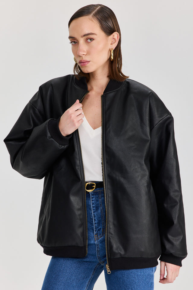 מעיל פנטאסי דו צדדי דמוי עור ופרווה שחור