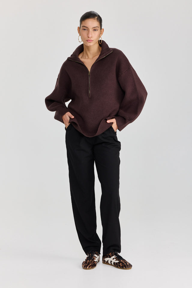 סוודר פרזנט זיפר חום שוקולד