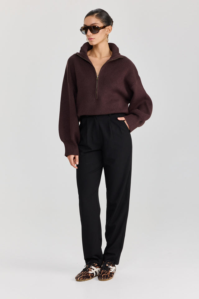 סוודר פרזנט זיפר חום שוקולד