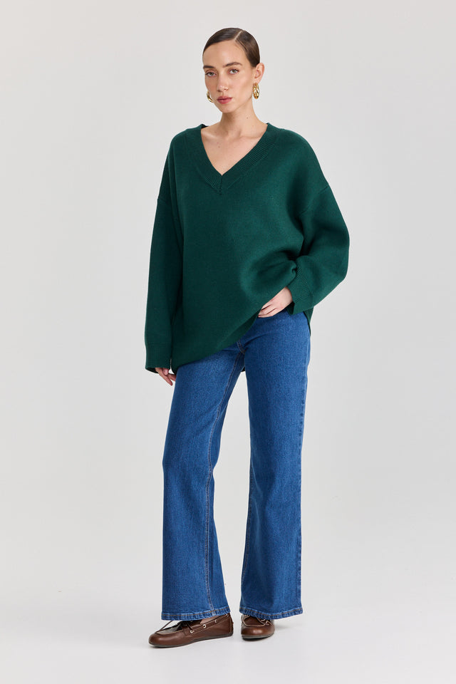 סוודר טוניקה פרזנט מפתח וי ירוק בקבוק