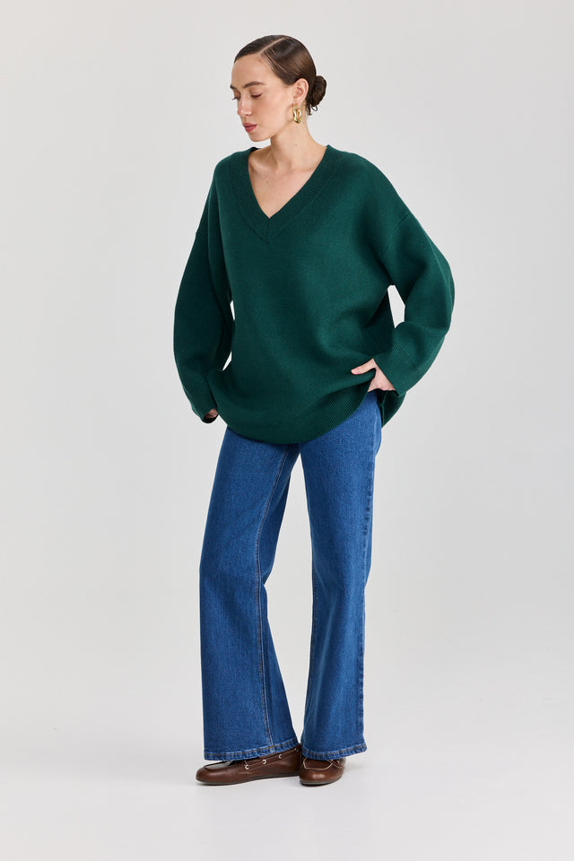 סוודר טוניקה פרזנט מפתח וי ירוק בקבוק