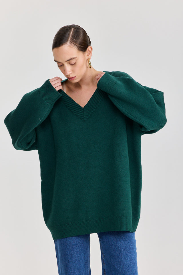 סוודר טוניקה פרזנט מפתח וי ירוק בקבוק