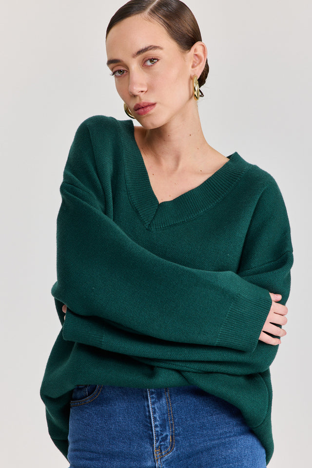 סוודר טוניקה פרזנט מפתח וי ירוק בקבוק