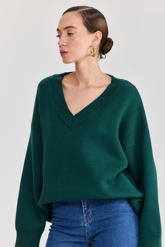 סוודר טוניקה פרזנט מפתח וי ירוק בקבוק