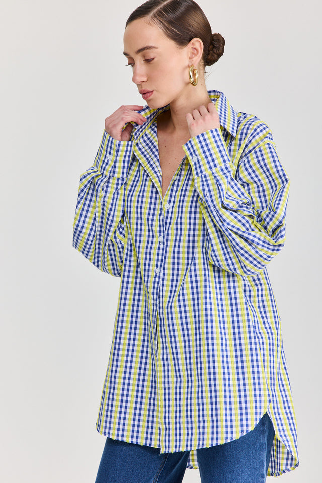 חולצה מכופתרת משבצות כותנה ארוכה