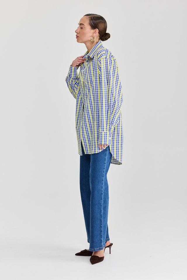 חולצה מכופתרת משבצות כותנה ארוכה