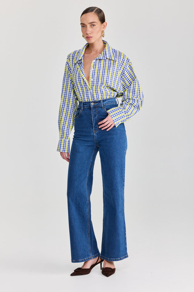 חולצה מכופתרת משבצות כותנה ארוכה