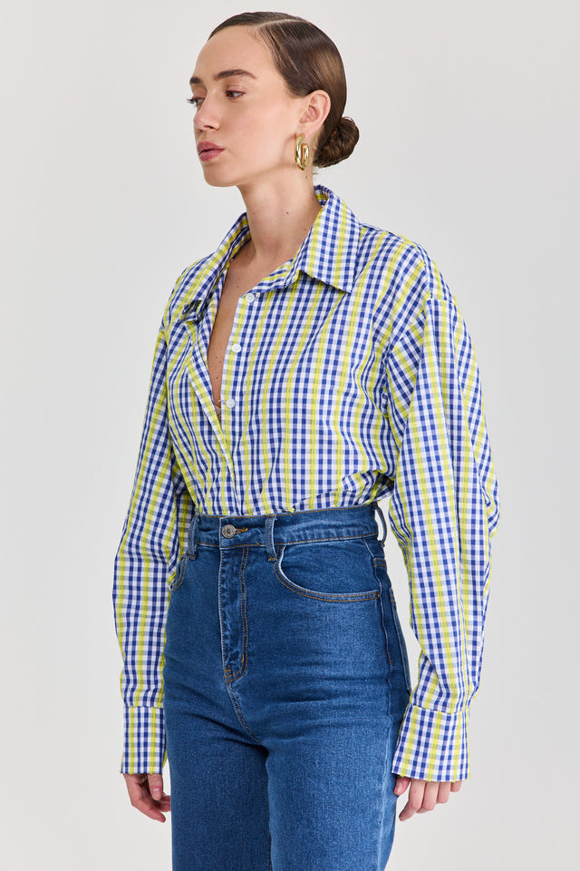 חולצה מכופתרת משבצות כותנה ארוכה