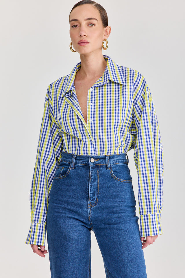 חולצה מכופתרת משבצות כותנה ארוכה