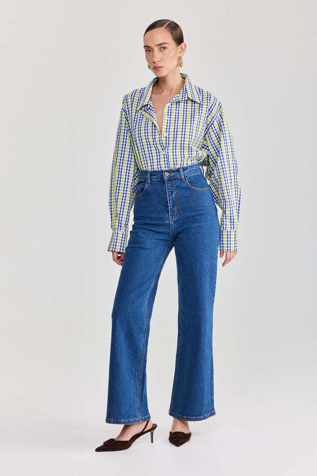 חולצה מכופתרת משבצות כותנה ארוכה