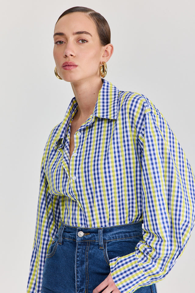 חולצה מכופתרת משבצות כותנה ארוכה