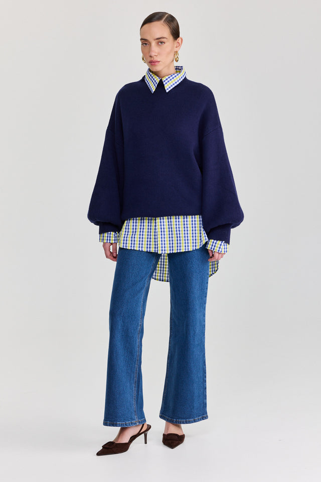 חולצה מכופתרת משבצות כותנה ארוכה