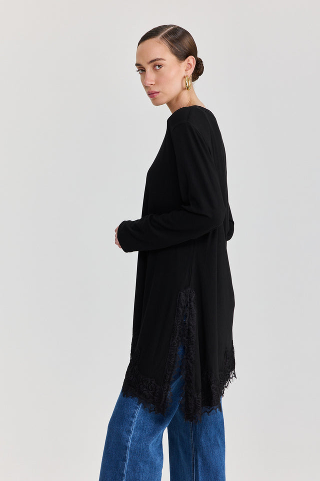 חולצת טוניקה פאמפקין אסימטרית תחרה שחורה