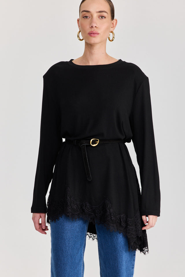 חולצת טוניקה פאמפקין אסימטרית תחרה שחורה