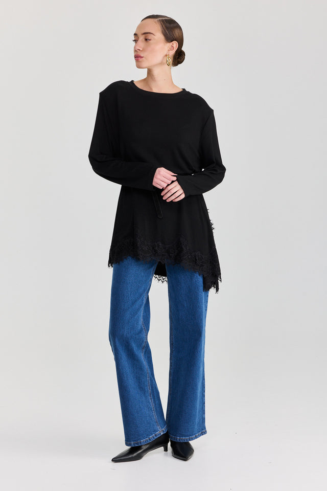 חולצת טוניקה פאמפקין אסימטרית תחרה שחורה