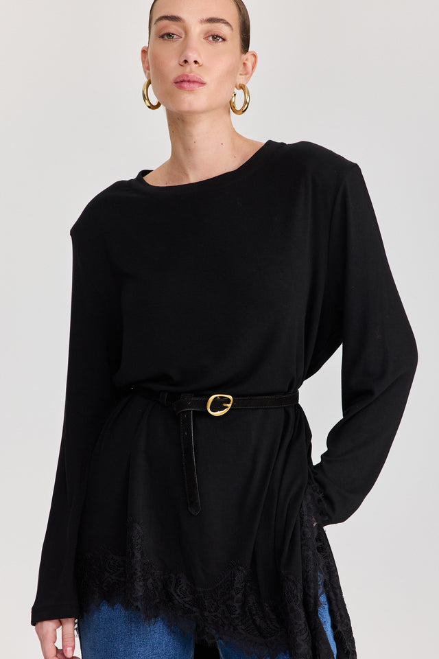 חולצת טוניקה פאמפקין אסימטרית תחרה שחורה