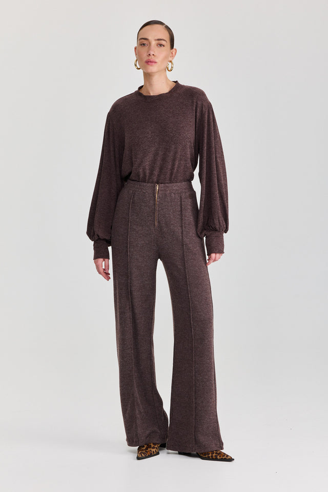 מכנסיים מחוייטים סריג וויסקי רוכסן גומי חום טראפל