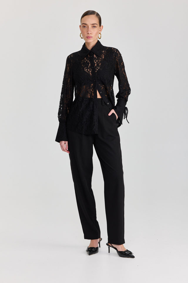 חולצה מכופתרת פולו לייס תחרה ארוכה שחור