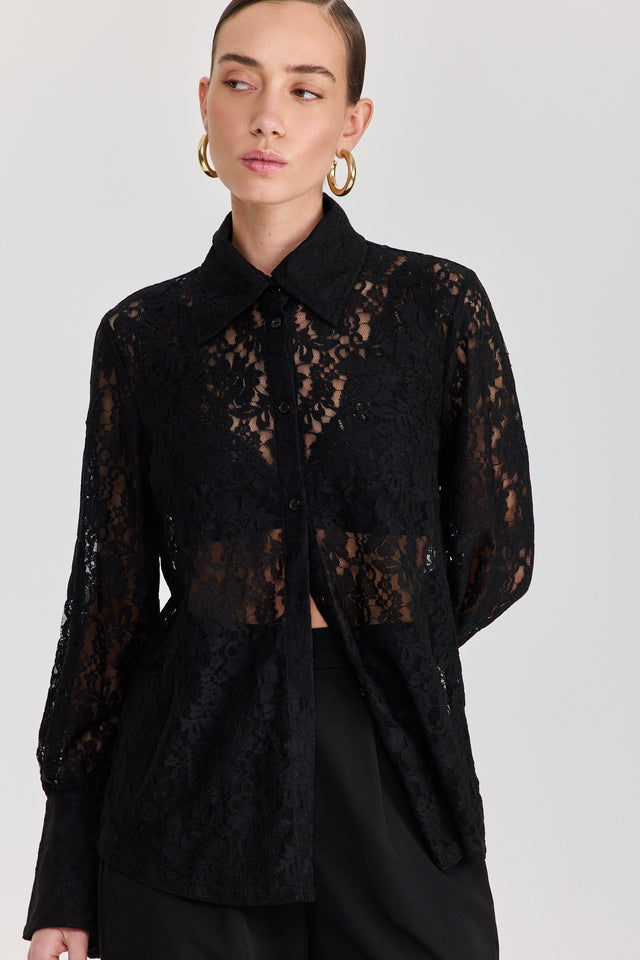 חולצה מכופתרת פולו לייס תחרה ארוכה שחור