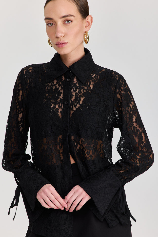 חולצה מכופתרת פולו לייס תחרה ארוכה שחור