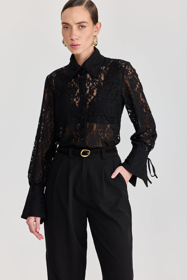 חולצה מכופתרת פולו לייס תחרה ארוכה שחור