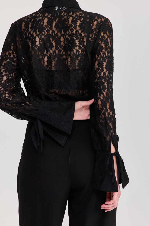 חולצה מכופתרת פולו לייס תחרה ארוכה שחור