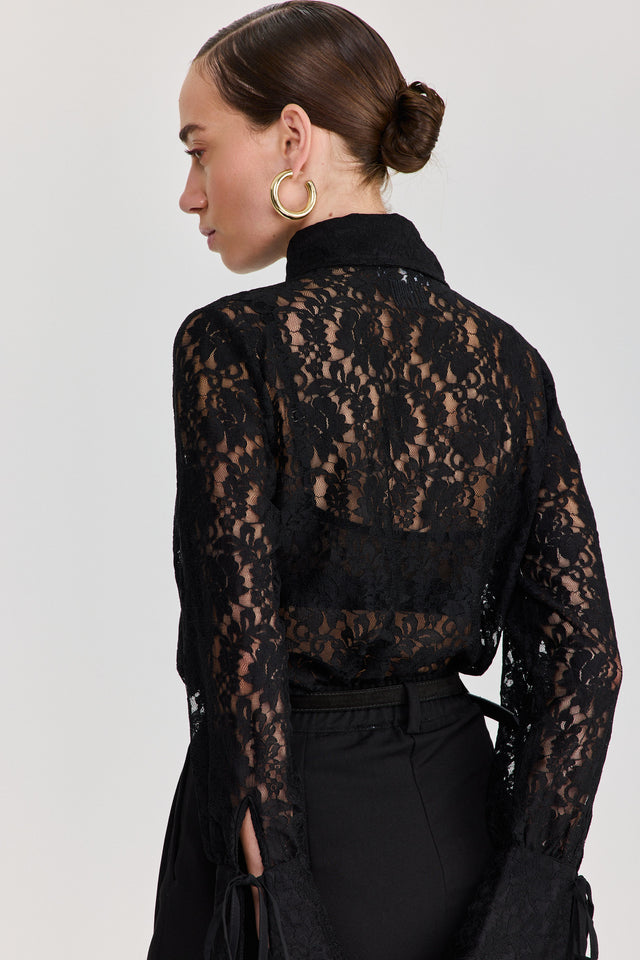 חולצה מכופתרת פולו לייס תחרה ארוכה שחור