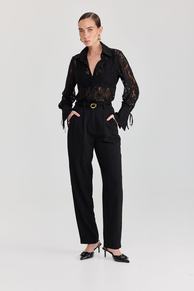 חולצה מכופתרת פולו לייס תחרה ארוכה שחור