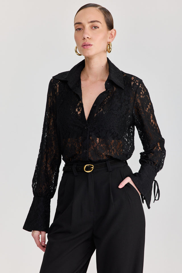 חולצה מכופתרת פולו לייס תחרה ארוכה שחור