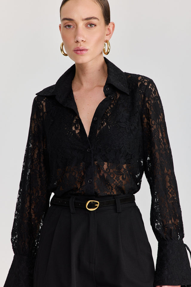 חולצה מכופתרת פולו לייס תחרה ארוכה שחור