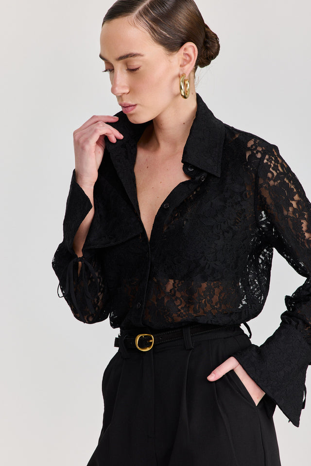 חולצה מכופתרת פולו לייס תחרה ארוכה שחור