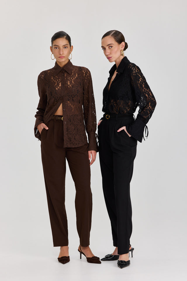 חולצה מכופתרת פולו לייס תחרה ארוכה שחור