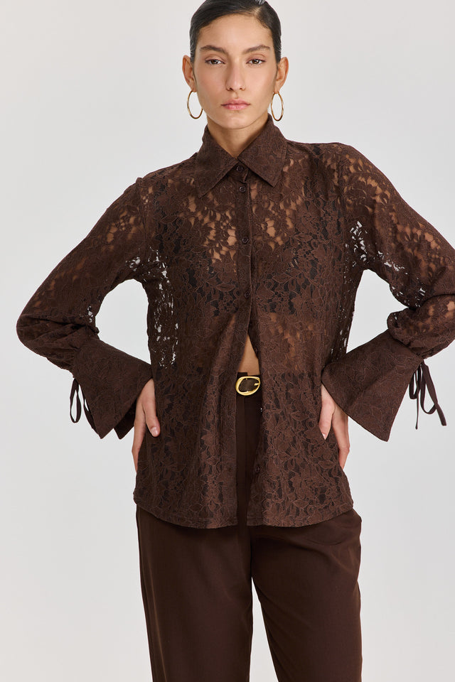 חולצה מכופתרת פולו לייס תחרה ארוכה שוקולד