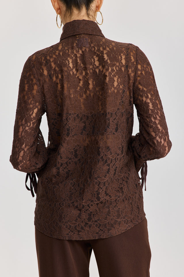 חולצה מכופתרת פולו לייס תחרה ארוכה שוקולד