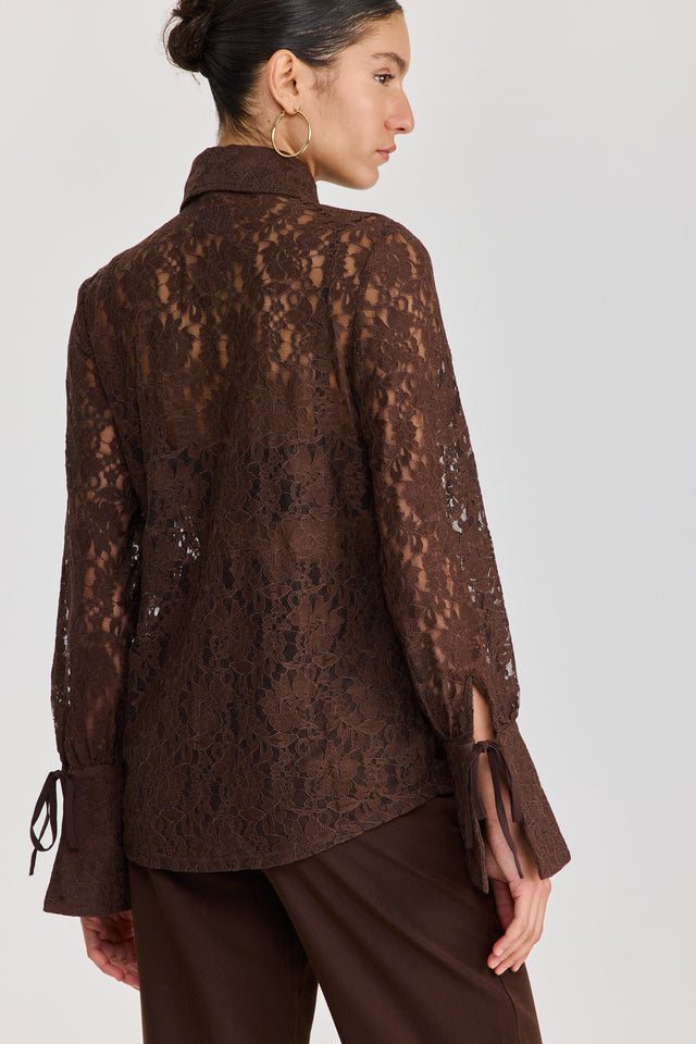 חולצה מכופתרת פולו לייס תחרה ארוכה שוקולד