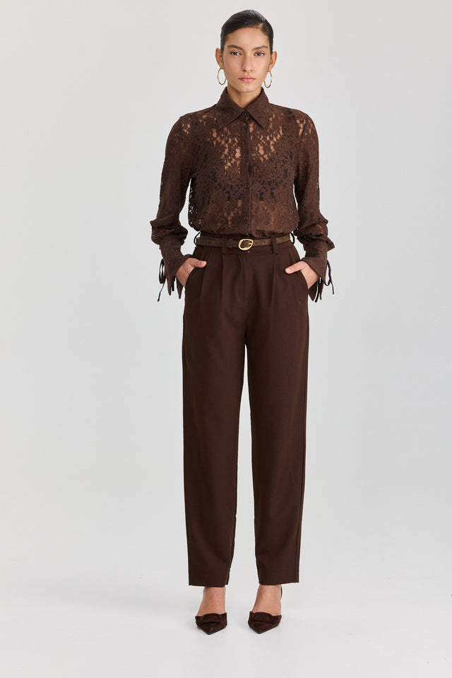 חולצה מכופתרת פולו לייס תחרה ארוכה שוקולד