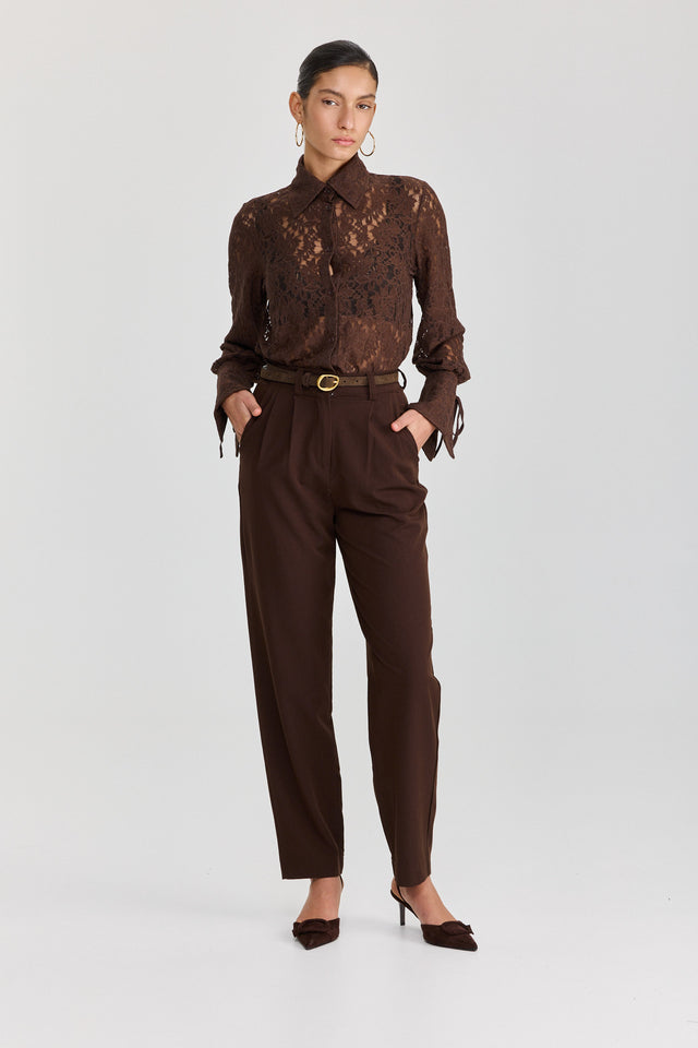 חולצה מכופתרת פולו לייס תחרה ארוכה שוקולד