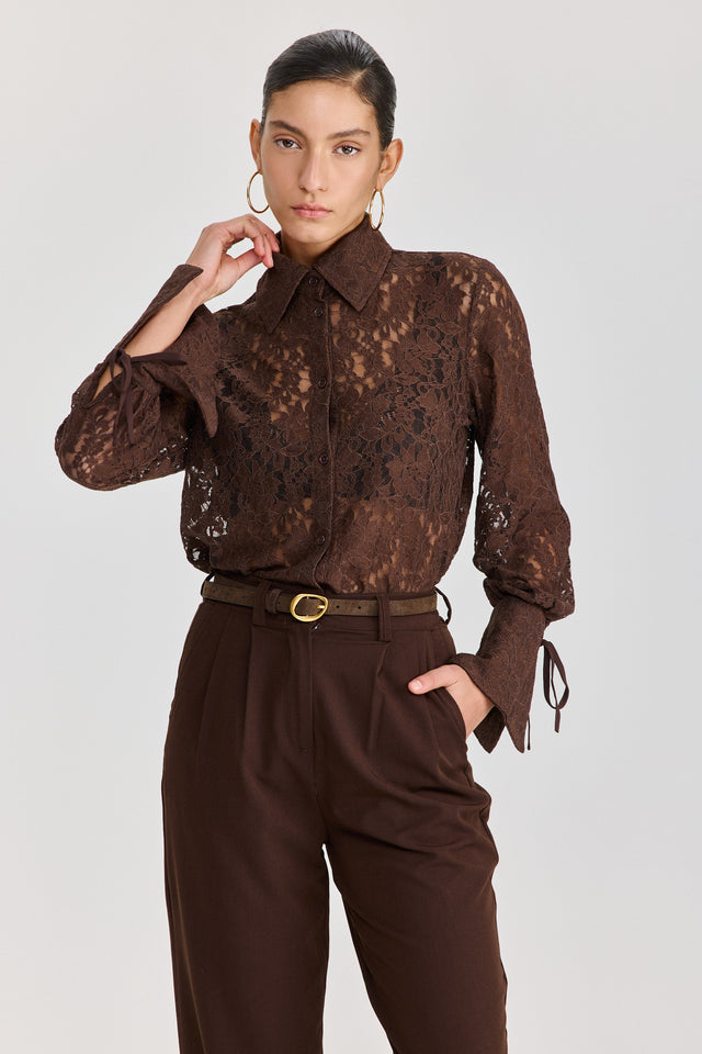 חולצה מכופתרת פולו לייס תחרה ארוכה שוקולד