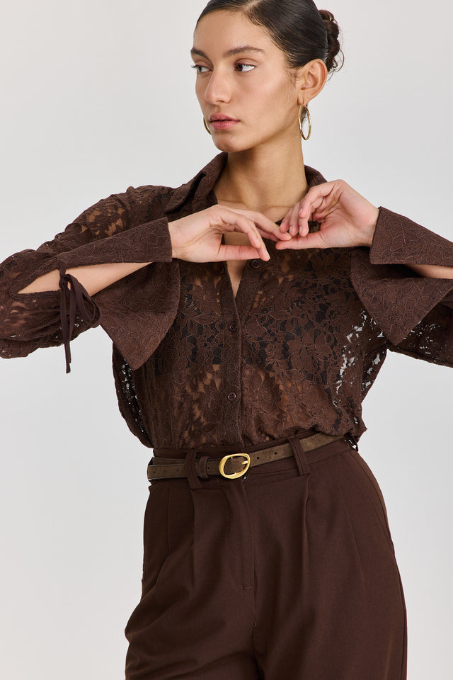 חולצה מכופתרת פולו לייס תחרה ארוכה שוקולד