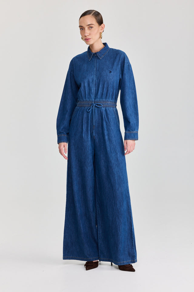 אוברול זיפר ג׳ינס וונט ספייסי ארוך כחול כהה