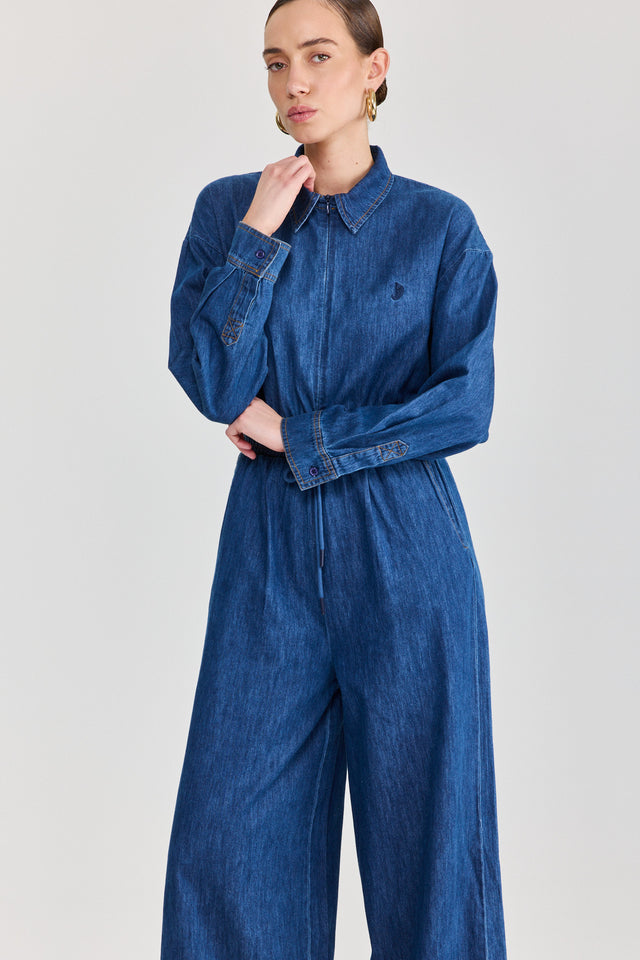 אוברול זיפר ג׳ינס וונט ספייסי ארוך כחול כהה