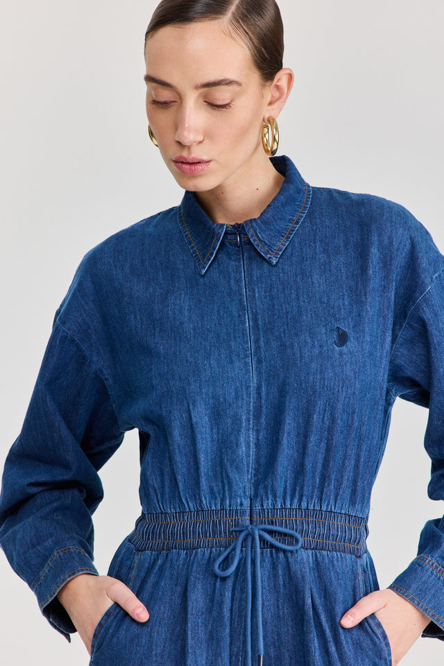 אוברול זיפר ג׳ינס וונט ספייסי ארוך כחול כהה