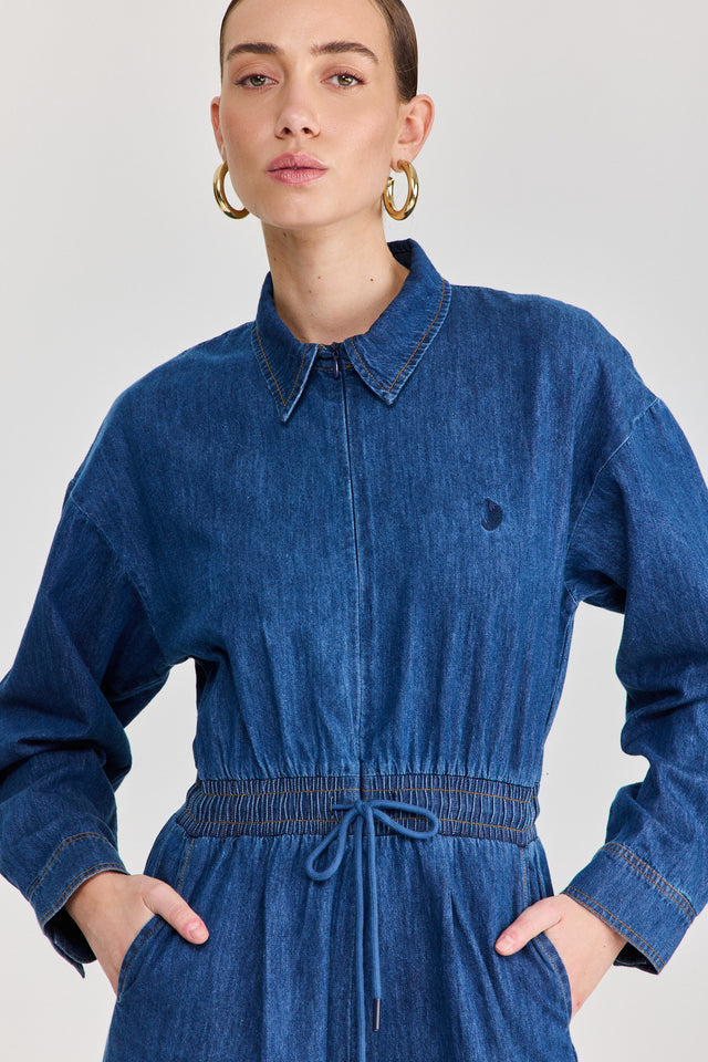 אוברול זיפר ג׳ינס וונט ספייסי ארוך כחול כהה