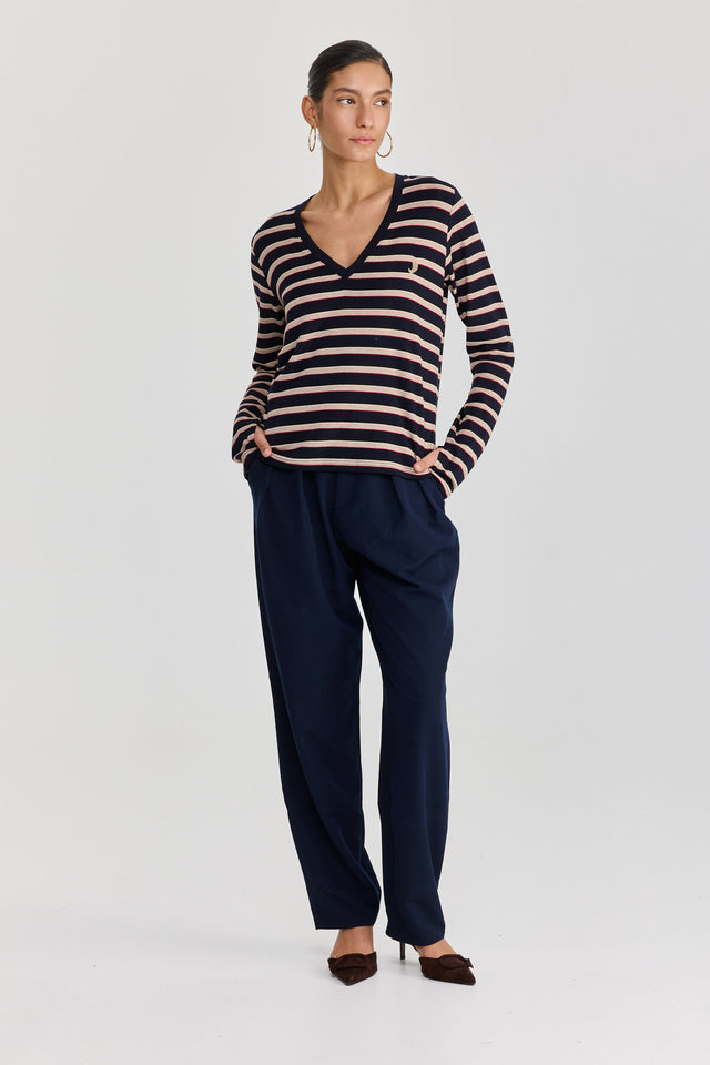 חולצת קוקיז מפתח וי שרוולים ארוכים פסים נייבי בורגנדי